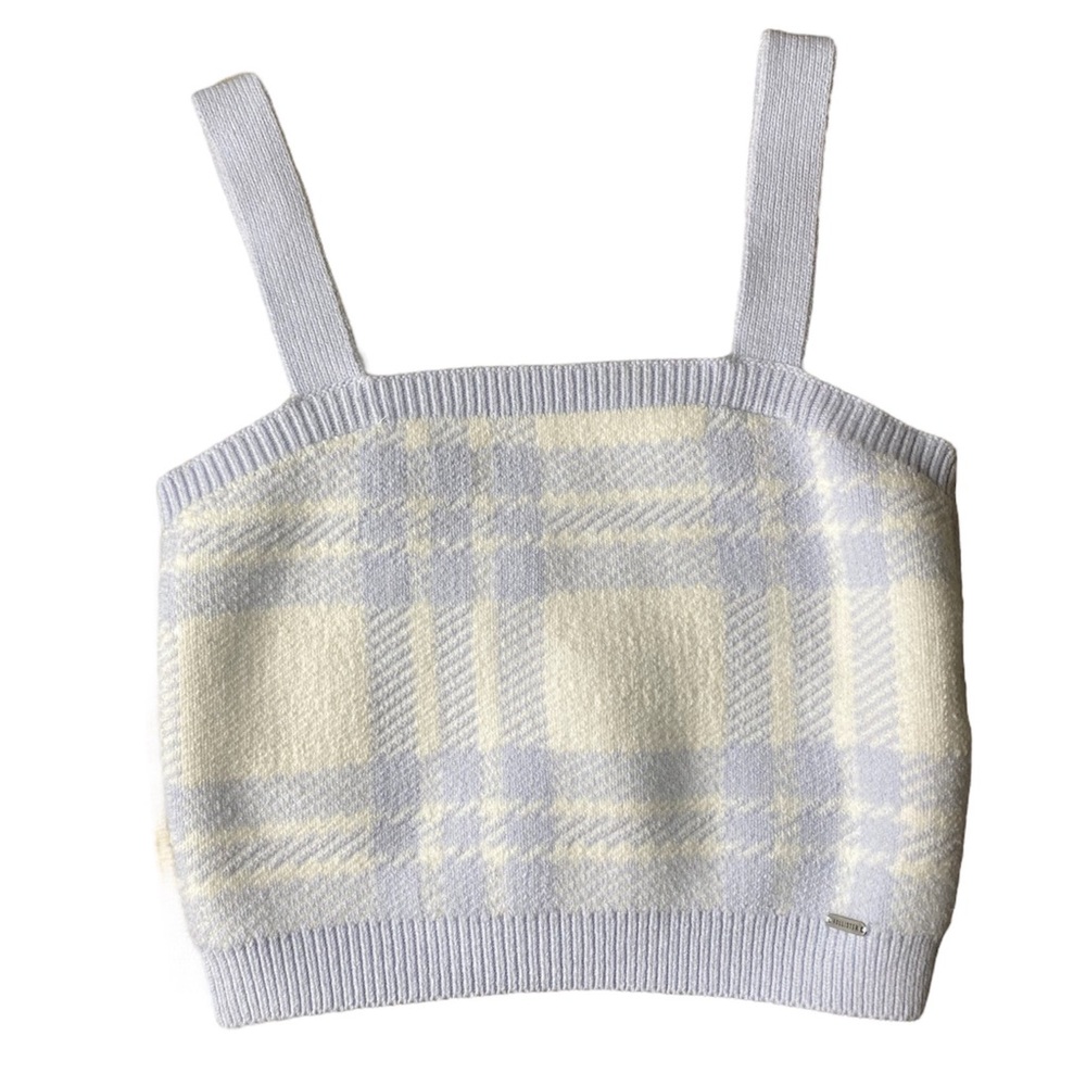 Hollister Knit Sweater Tank Cream Light Blue Plaid Cropped
